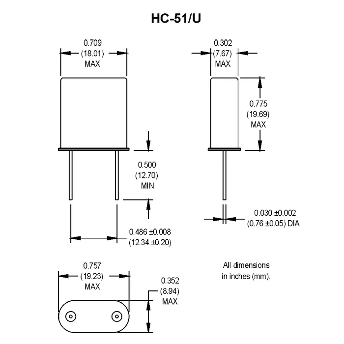 1 мГц Кварцевый резонатор, HC-51/U, 1,000 мГц, 1000 кГц