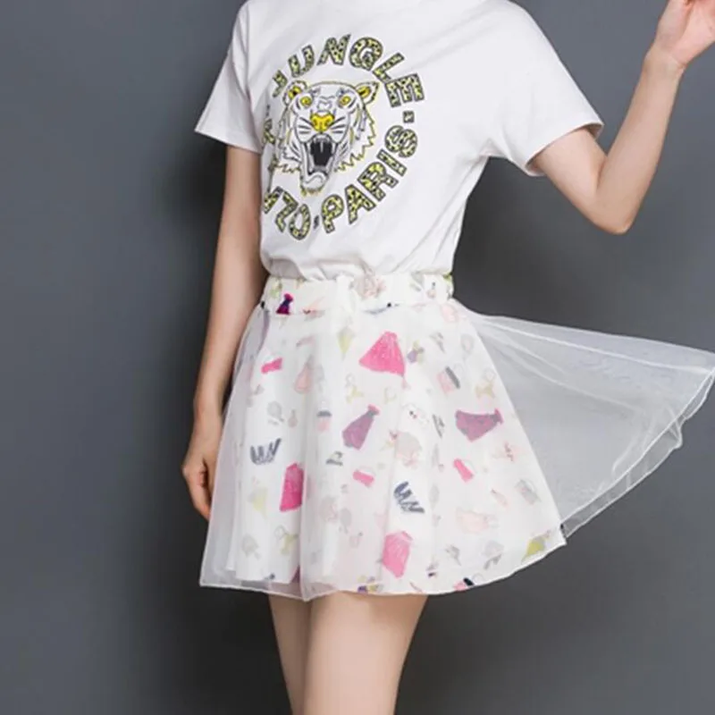 Женская шифоновая юбка с принтом повседневная сетчатая мини высокой талией