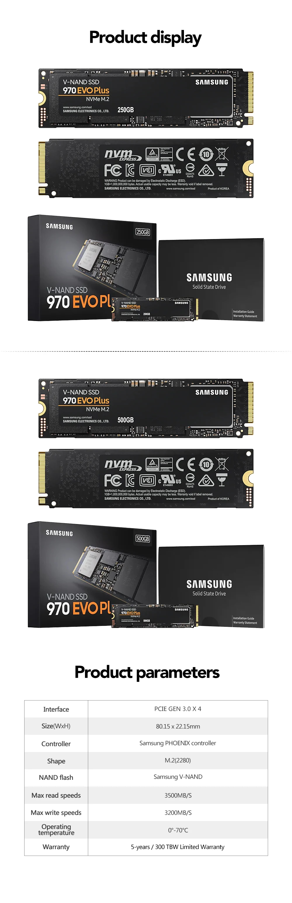 Samsung SSD 250GB 500GB 1TB 970 EVO Plus/970 EVO NVMe M.2 2280 Internal SSD Solid State Hard Disk HDD PCIe 3.0 x4, NVMe