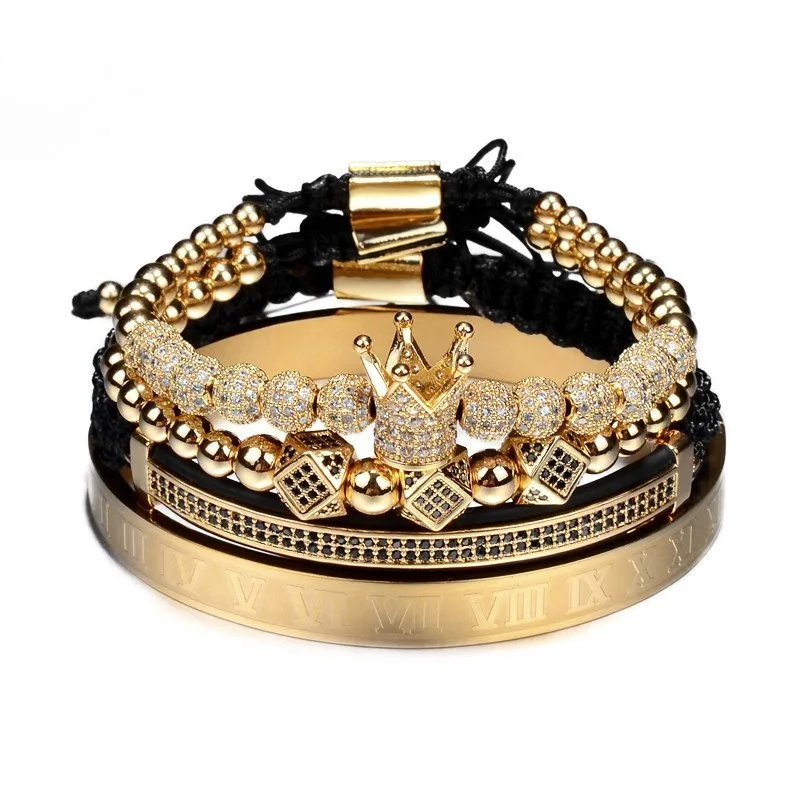 Gold set-6DR Лидер продаж, классический плетеный браслет ручной работы, золотой, хип-хоп, мужской браслет с фианитами, Корона из римских цифр, роскошные ювелирные изделия - Окраска металла: Gold set-6DR