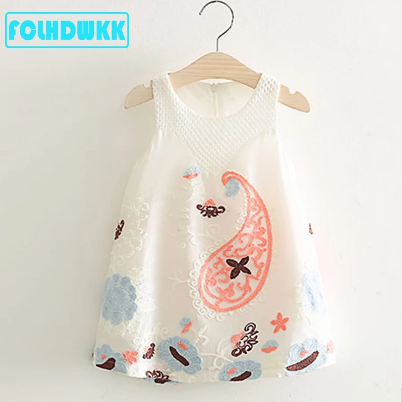FCLHDWKK 2019 Pretty Little Dresses Girl Baby Flower Print Dress Summer Sleeveless Embroidery Pink Party Wedding | Детская одежда и