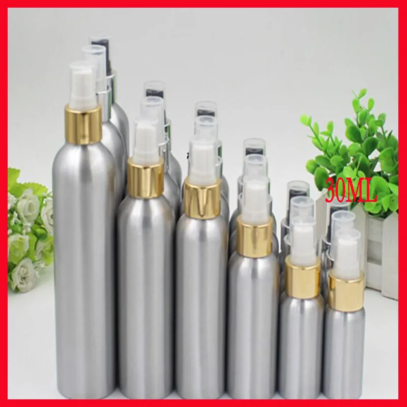 30ml Aluminium bottle pump sprayer bottle  w silver/gold shoulder metal bottle Refillable bottle mist sprayer 100pcs/lot