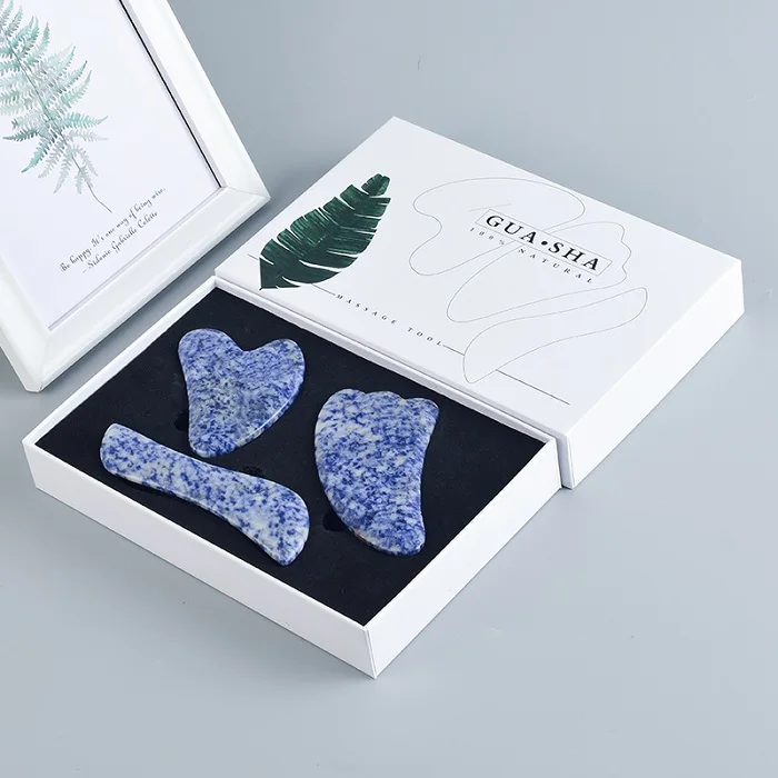 3pcs with box Натуральный содалит для лица нефрит Gua Sha царапина кристалл камень массаж спины головы Ноги Скребок Acupuntura гуашь массажер коробка для инструментов - Цвет: 3pcs with box