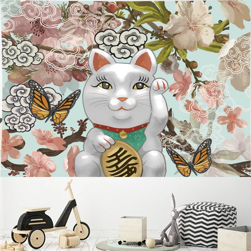 Японский стиль Zephyr Lucky Cat гобелен из макраме детская комната облако личности настенный Винтаж гобелены с узором домашний декор