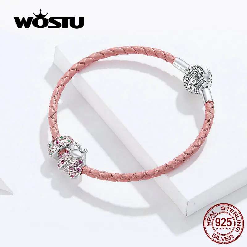 WOSTU подлинное серебро 925 пробы Красная Божья Коровка Браслеты с подвесками &