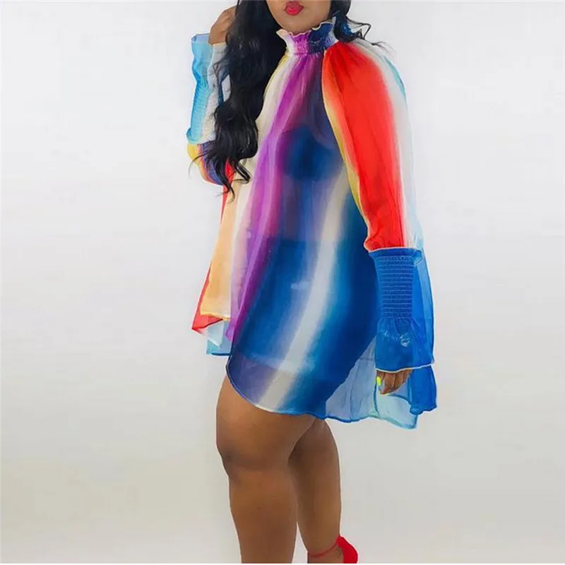 Женское мини платье Boho Womem в радужную полоску с длинным рукавом фонариком