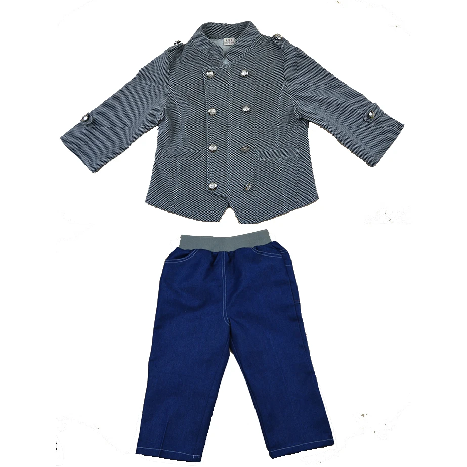 

2016 spring autumn cotton denim newborn boys set double breasted coat+jeans 2pcs toddler boys suits