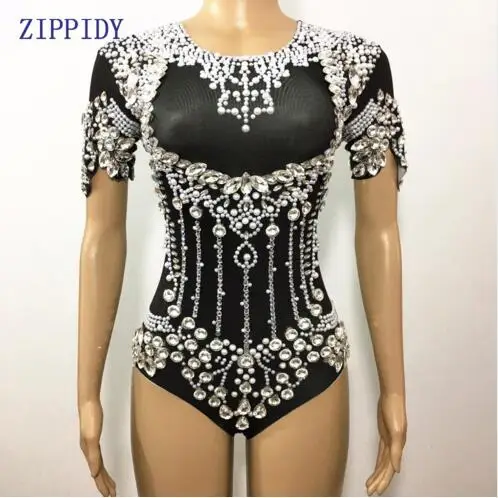 Shining Crystals Bodysuit Diamonds Sparkly Headpiece Outfit Sexy Stage Outfit Women Costume Birthday Dance Wear