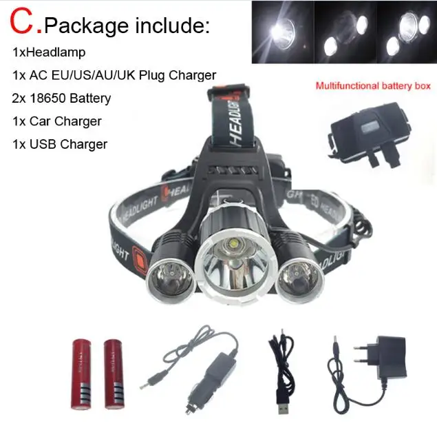Rj 5000 9000lm 3 * LED T6 + 2r5 фара USB Мощность банк Перезаряжаемые фонарик лампы 18650 Батарея
