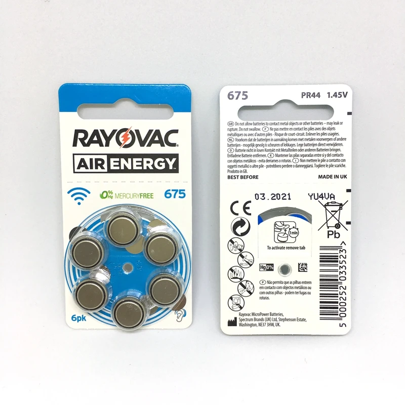Аккумуляторы для слухового аппарата Rayovac Air 1 45 в 675A A675 675 PR44 60 шт.|Часовые