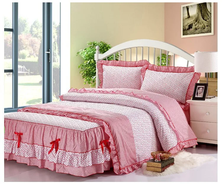Полный Король Queen twin100 % хлопок двойной слой кружева Bedskirt красное сердце корейский