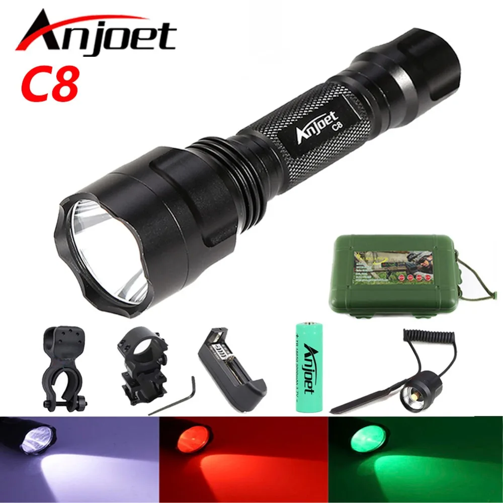

Anjoet C8 Tactical Flashlight Green Red White LED Light XM-L T6 2000 Lumens 1 Mode Aluminum Torch lamp 18650 Hunting Fishing