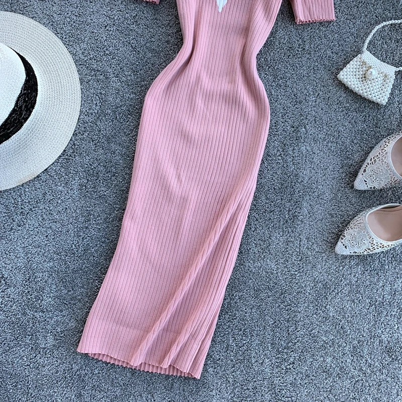 Vintage Slim Zipper Knitted Patchwork Summer Autumn Bodycon Midi Dress Party Women Pencil Knee Length Office Sheath dresses