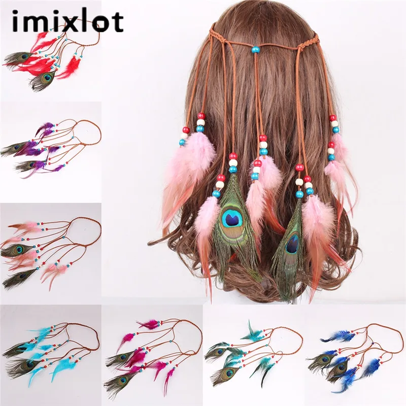Imixlot богемный Индеец перья бисерная повязка на голову женская синяя хиппи одежда