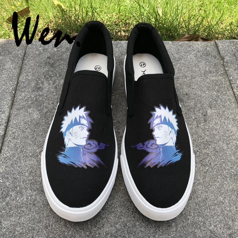 Wen Low Top Casual Shoes Slip on Men Espadrilles Flat Custom Design Anime Uzumaki Naruto Black Canvas Sneakers Platform