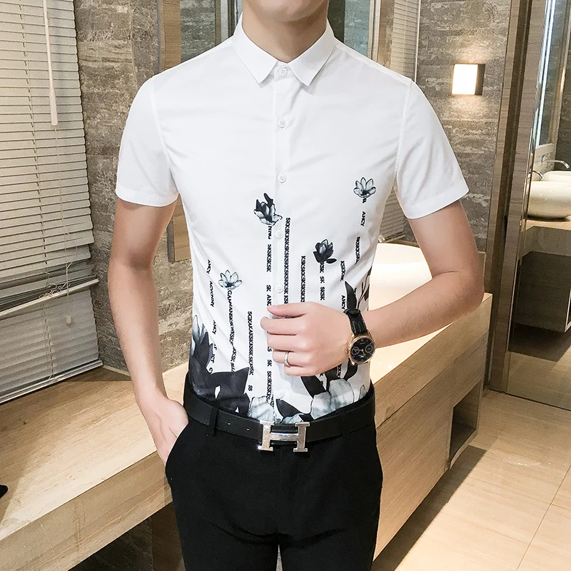 Мужская летняя рубашка с коротким рукавом цветочным принтом | одежда