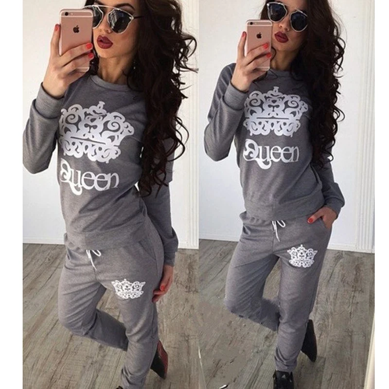 Queen печатных Для женщин комплект толстовки + длинные Sweatpant 2 шт. Джемперы 2018 Весна