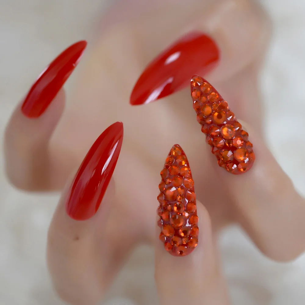 Роскошные 3D сексуальные красные стразы очень длинные острые ногти стилеты