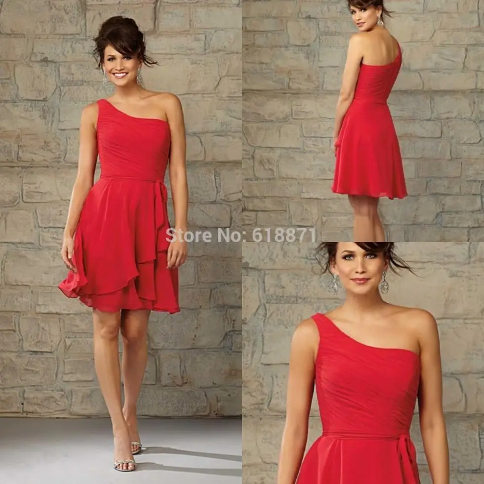 One Shoulder Sleeveless Bridesmaids Dresses Red Short Chiffon Simple Designs Pleat A Line Knee Length Vestidos De Formatura | Свадьбы и