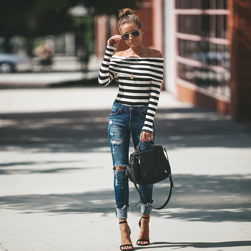 Женский черно-белый полосатый Slash шеи Повседневные базовые Стрейчевые боди