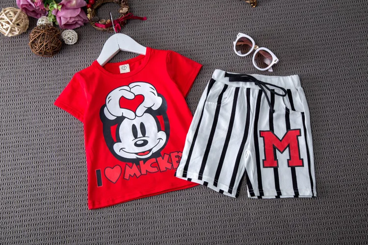 2018 Summer Children Clothing Sets Mickey Kids Clothes 2pcsTracksuit for Boy Pajamas Sport Suits T-shirt+Stripe Shorts 2-7 |