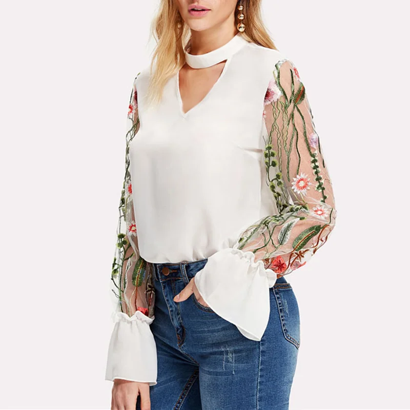 Женская длинная сетчатая блузка с вышивкой и v-образным вырезом элегантные