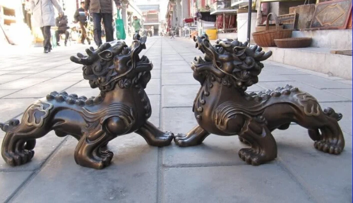 11 &quotкитайский Фэн Шуй Уточнение Чистая Бронзовый Foo Dog Лев kylin зверь пара|dog