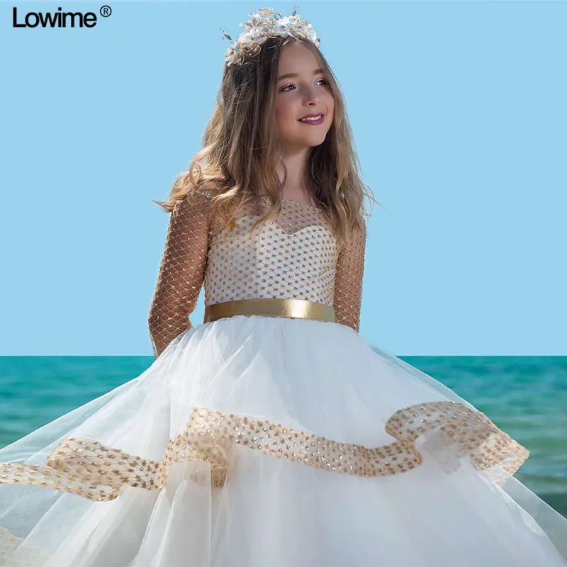 

Noble A-Line Flower Girl Dresses For Weddings Long Sleeves First Communion Dresses Girls Pageant Dress 2018 With Sexy Gold Sash
