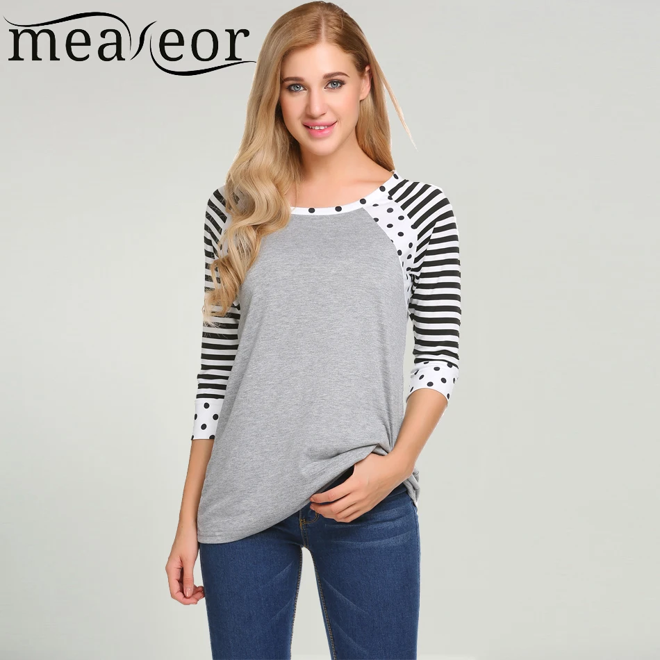 Meaneor Women T Shirt New Fashion O-Neck 3/4 Striped Sleeve Dot Print T-Shirt Pullover Casual Ladies Shirts Female Tee Tops | Женская