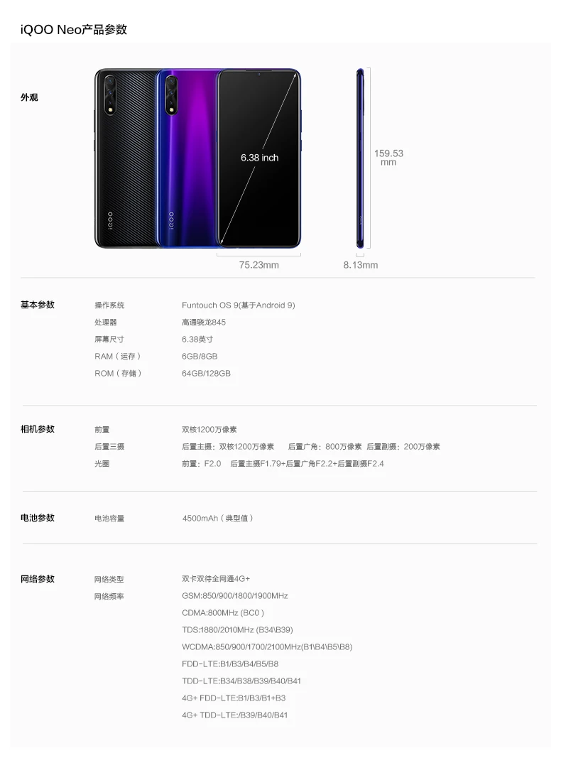 Авторизованный мобильный телефон Vivo IQOO Neo 4G LTE Android 9,0 Snapdragon 845 отпечаток пальца на экране 6,3" AMOLED 4500 мАч смартфон
