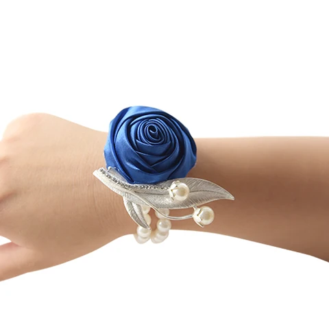Атласный корсажный браслет Kyunovia, с розой на запястье, свадебный браслет FE53, брошь в виде цветка, с жемчугом