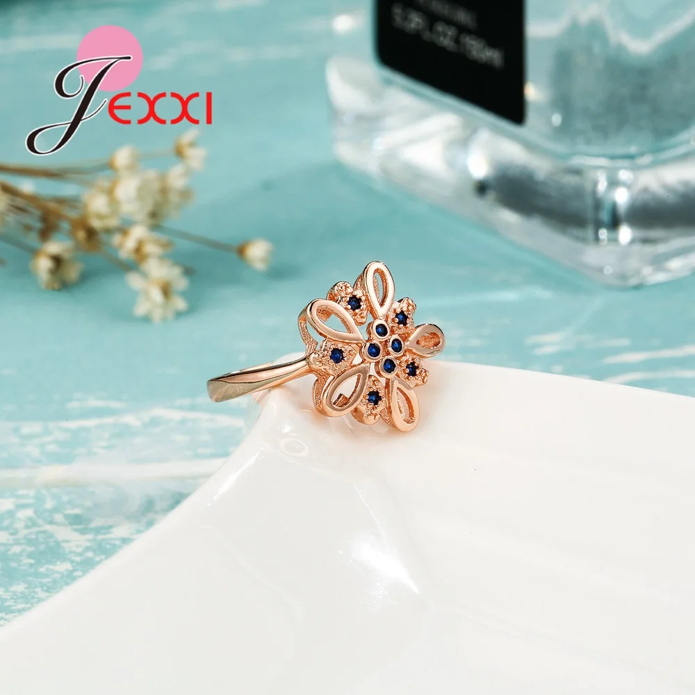 

Hot Sale Classical Exquisite Snowflake Design Round Zircon Rose Gold Rings For Woman Girls Sweet Fashion Anniversary Gift