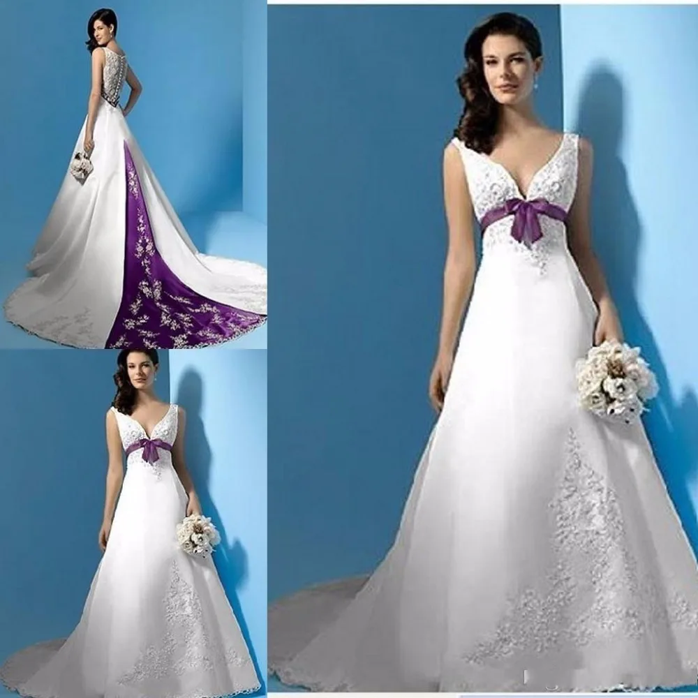 2017 Модест Белый и Фиолетовый Свадебные Платья Пао Вышивка Vestido Де Noiva V Шеи