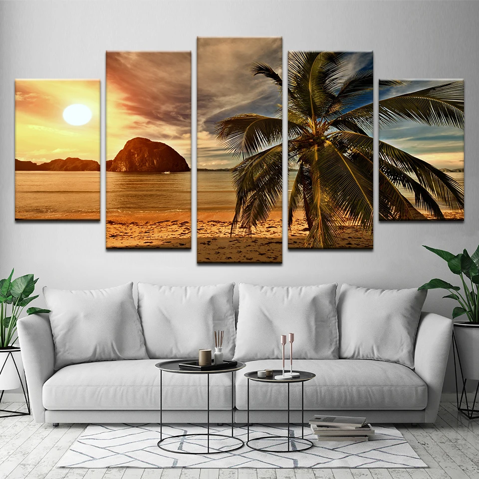 Home Decor HD печать плакатов фото 5 шт. тропический пляж Пальмы Закат Морской пейзаж