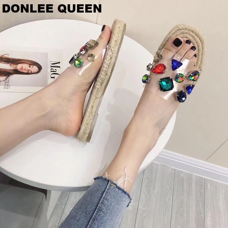 DONLEE QUEEN/Цветные шлепанцы с кристаллами женская летняя обувь женские эспадрильи