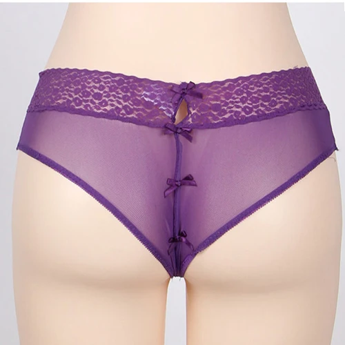 Purple Кружевные прозрачные трусики с бантиком, женские сексуальные трусики с открытой промежностью, сексуальное нижнее белье, женские трусы больших размеров, женские открытые трусики XXXL - Цвет: Purple