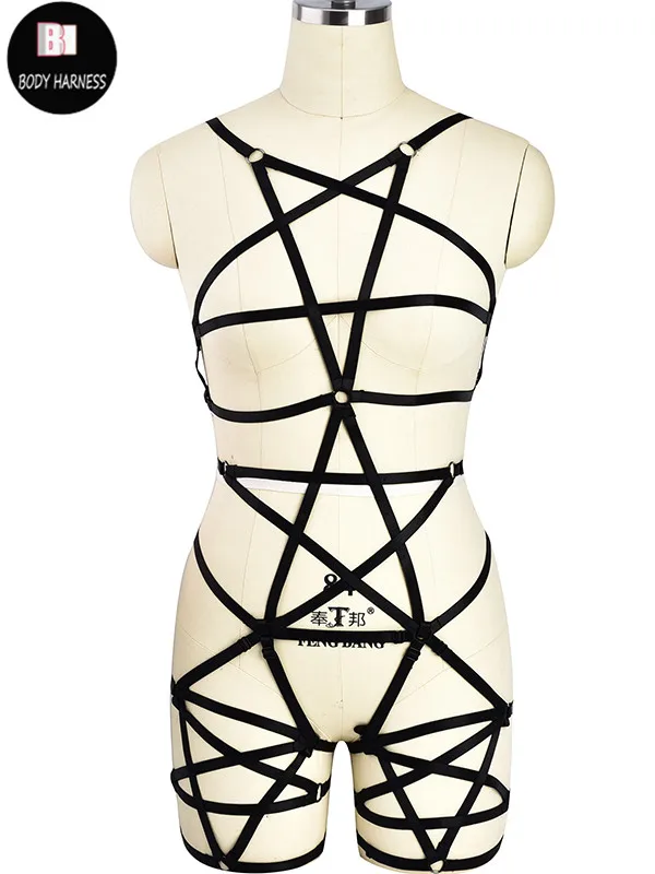 Черное Женское боди с пентаграммой бюстгальтер-портупея для танца на шесте пояс