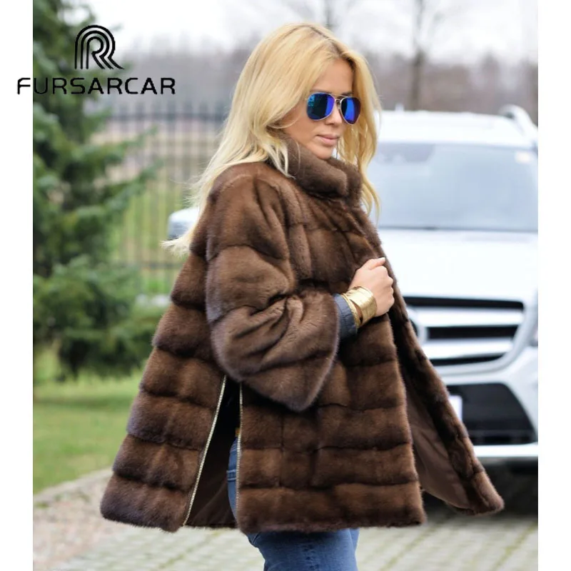 

FURSARCAR Women Real Mink Fur Coats With Stand Collar Side Bifurcation Genuine Mink Fur Female Coat With Detachable Cuff