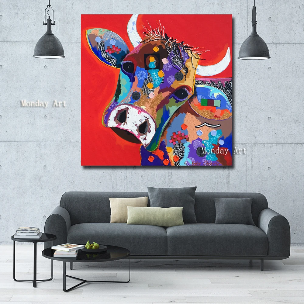 Ручная роспись большой размер холст Масляные картины красная корова мультфильм