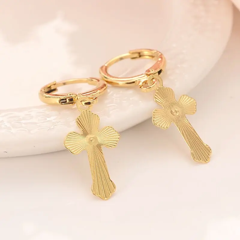Широкие Качественные серьги-кольца из золота 9ct GF висячие серьги с крестом/серьги