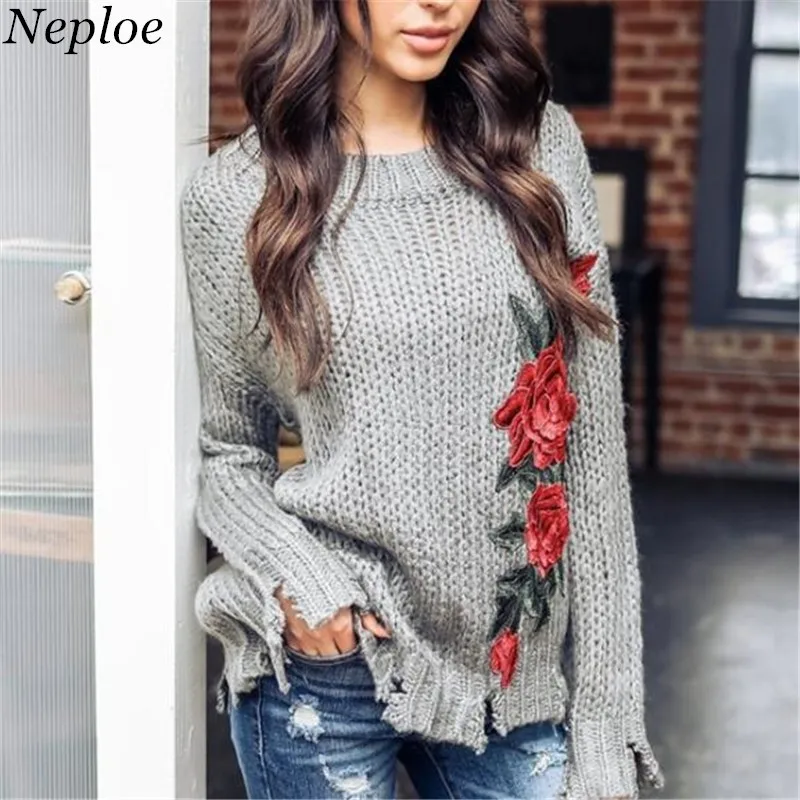 Neploe 2019 осень зима цветочный пуловер вязаный длинный рукав свободный Sueter Mujer