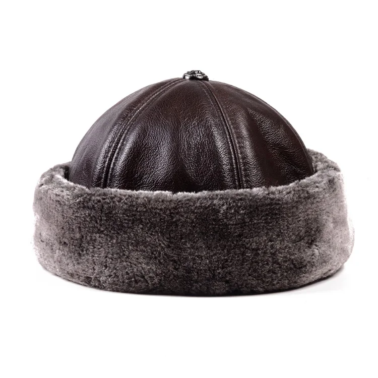 Коричневый Мужская Натуральная кожа зимняя теплая толстая подкладка Skullcap берет с помпоном круглая шляпа без полей шапки/шапки - Цвет: Коричневый