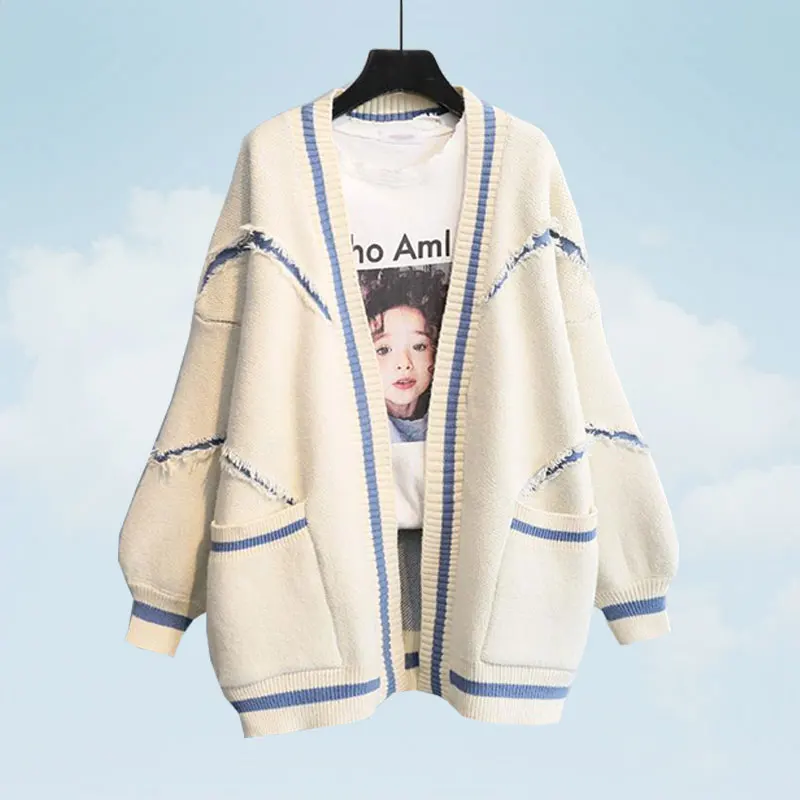 Spring Autumn Sweater Women 2019 Loose Fashion Female Medium Long Knit Cardigan Thicken Plus size Creamy-white Feminine Coat S31 |