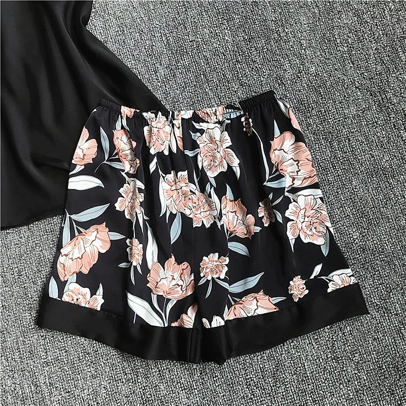 

Pajamas Women's Summer Sexy Halter Ice Silk with Chest Pad Sling Print Shorts Pajamas Set Home Service Two-piece Set