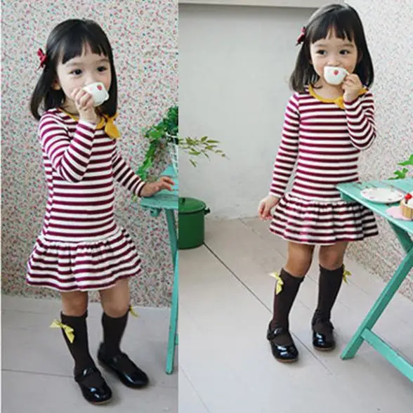 Hot Selling Kids Baby Girls Dress Long Sleeve Stripe Bow Tutu Dresses Party Costume Clothes | Детская одежда и обувь