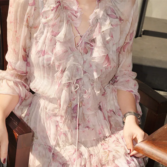 Для женщин с длинными рукавами winsome Многоуровневое жатый шелк-шифоновое платье