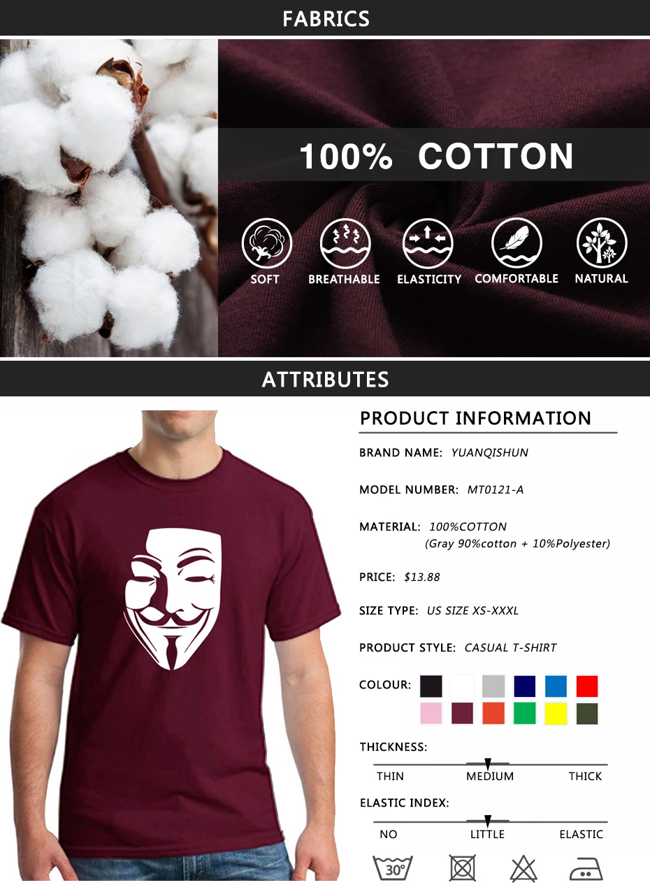 YUANQISHUN фирменная футболка фильм V для серии Vendetta Футболка Маска Гая Фокса серии футболок безымного негодного тролля