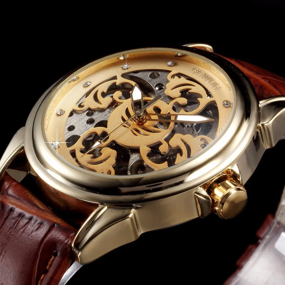 SEWOR Роскошные брендовые Золотые механические часы для мужчин коричневый кожаный