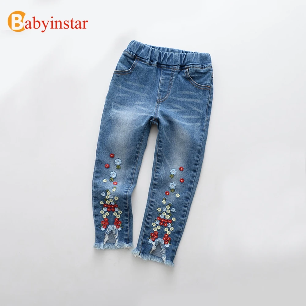 Джинсы Babyinstar для девочек модные детские джинсы с милой цветочной вышивкой одежда