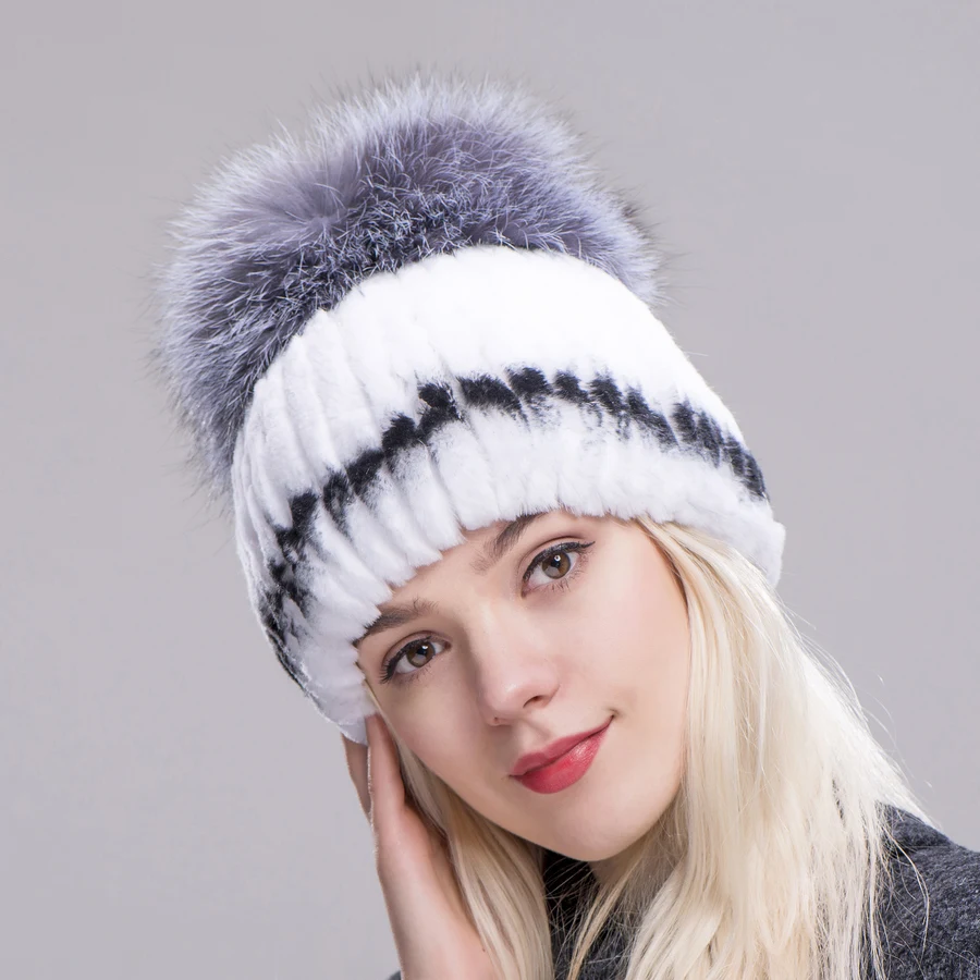 ZDFURS* зимняя меховая шапка для взрослых из кролика рекс для женщин с лисьими помпонами, вязаные шапки-бини, новые Брендовые повседневные Шапки хорошего качества